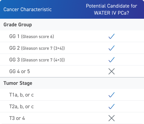 Table with cancer characteristic and if they are a potential candidate for Water IV PCa treatment